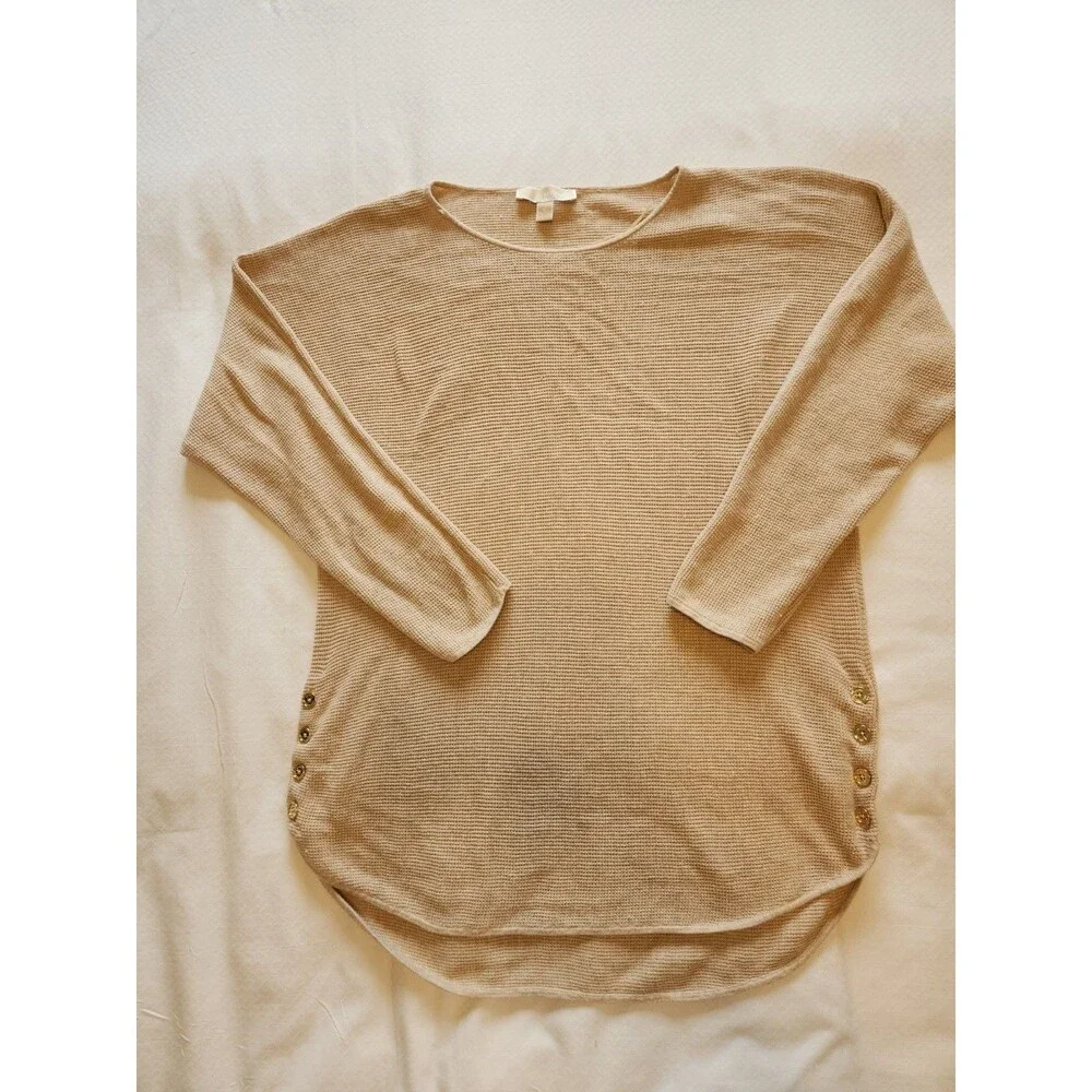 ​Michael Kors Womens XL Beige Beige Waffle Knit Tunic Sweater Gold Side Buttons